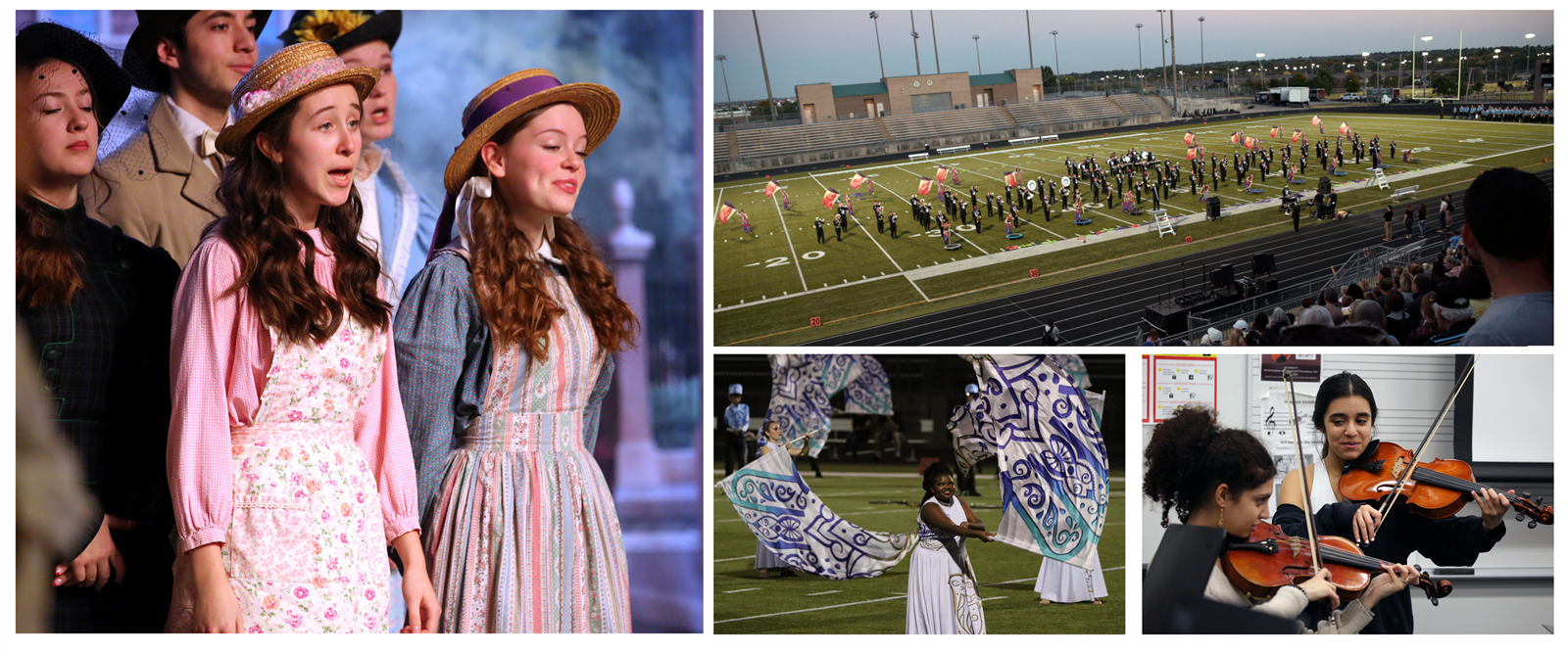 Image of a musical, band festival, and two girls playing violins